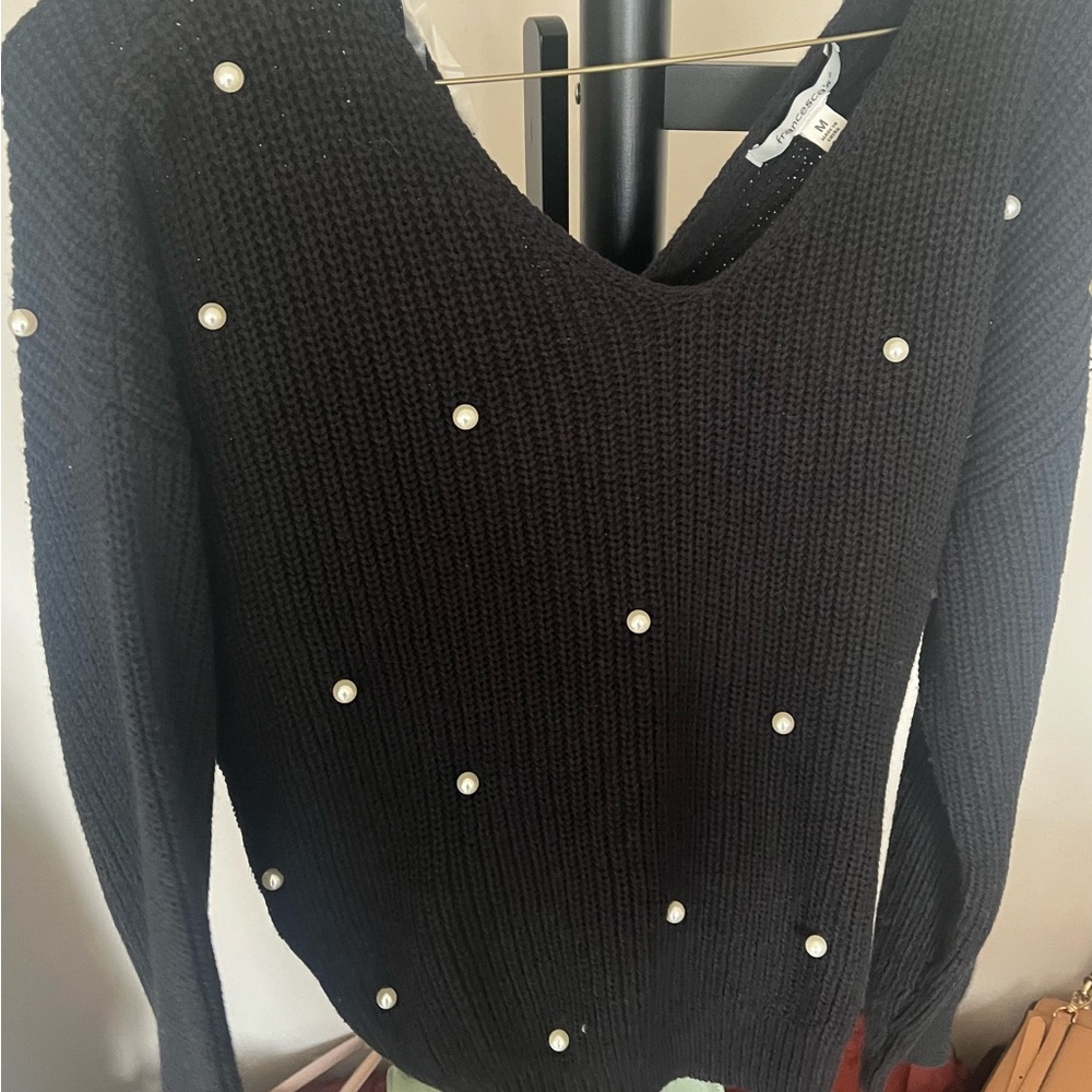 Black Pearl-Embellished V-Neck Women's Sweater